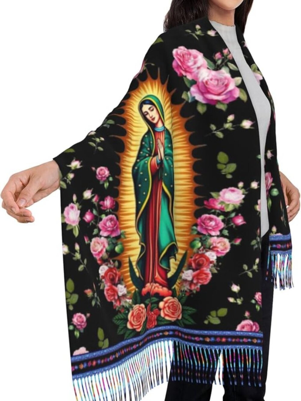 Virgin Mary Blanket Scarf with Rose, Soft Shawls, Catholic Gifts for Women, Moth